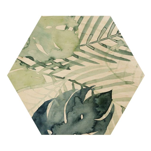 Obraz heksagonalny z drewna - Akwarelowy liść palmy I