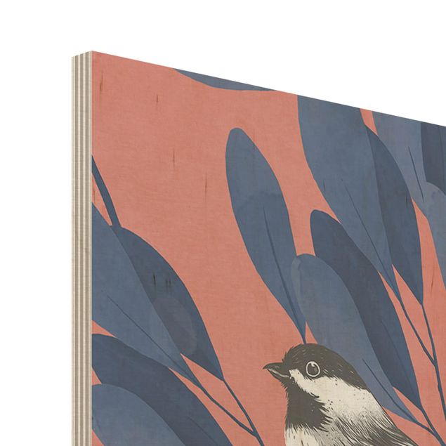 Obraz z drewna - Ilustracja przedstawiająca kota i ptaka na gałęzi Niebieskoczerwony
