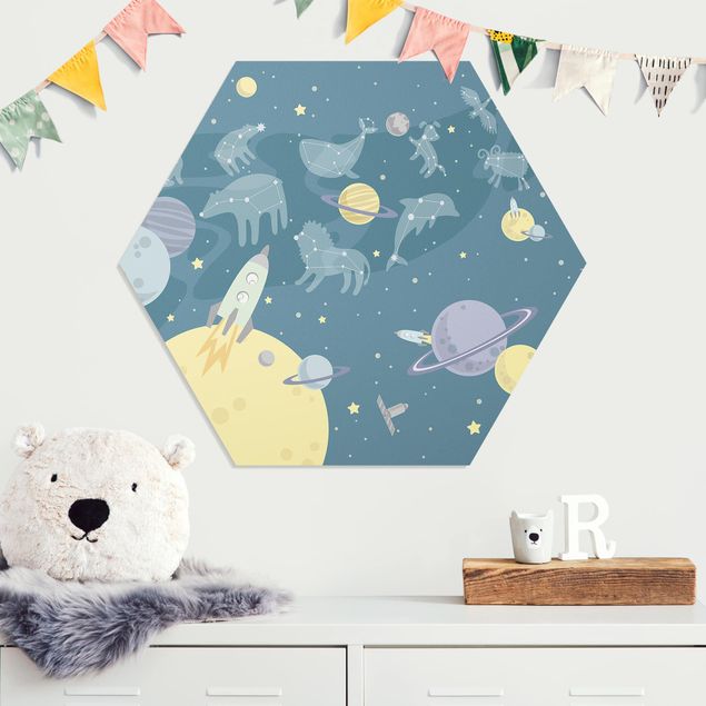 Pokój niemowlęcy i dziecięcy  Planety ze znakami zodiaku i rakietami