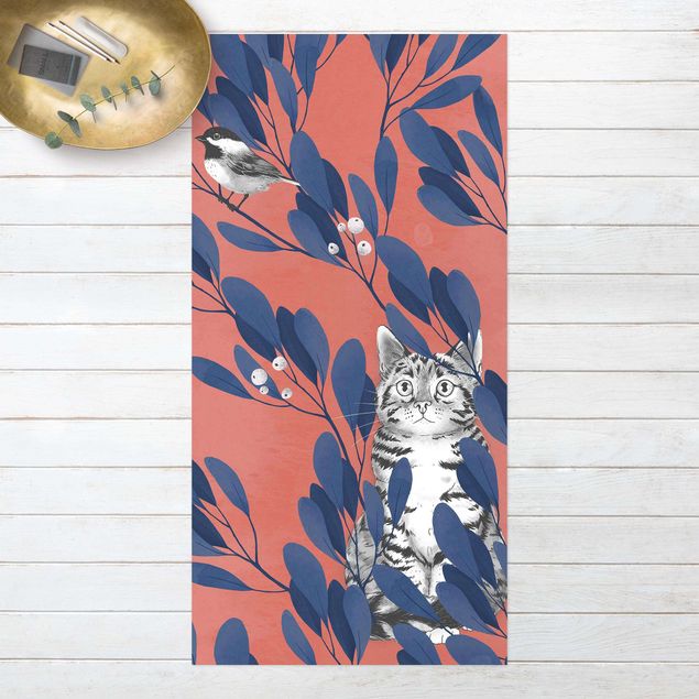 dywan ogrodowy Ilustracja przedstawiająca kota i ptaka na gałęzi Niebieskoczerwony