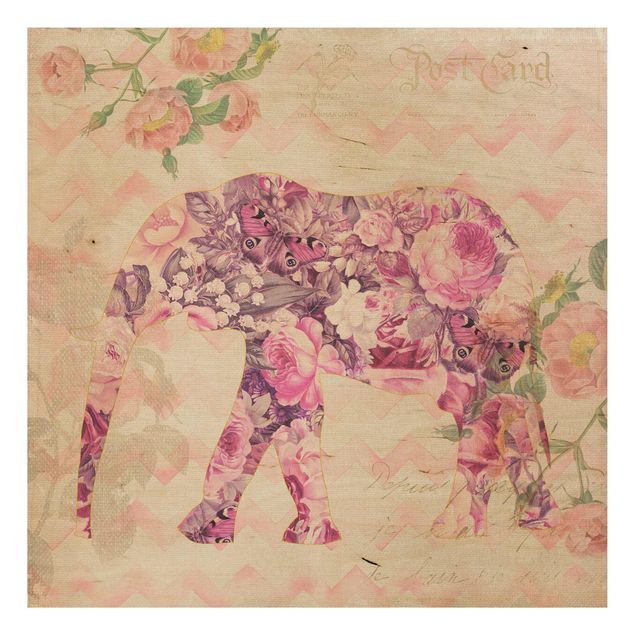 Andrea Haase obrazy  Kolaż w stylu vintage - różowe kwiaty, słoń