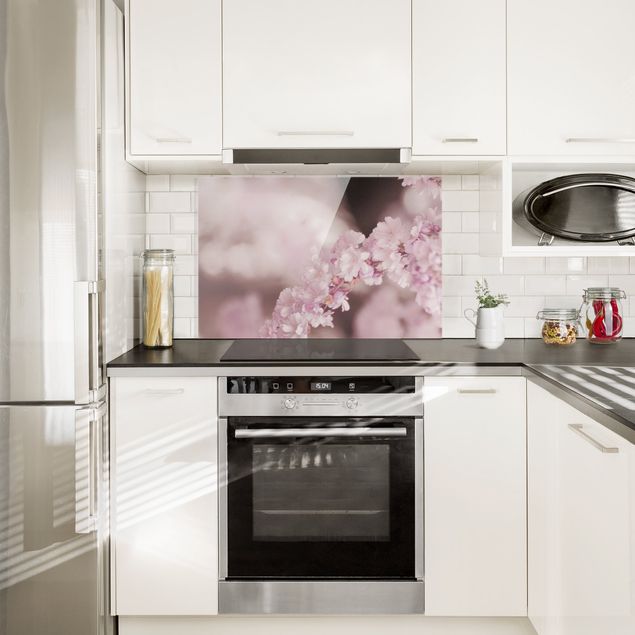 Panele szklane do kuchni Kwiat wiśni w fioletowym świetle