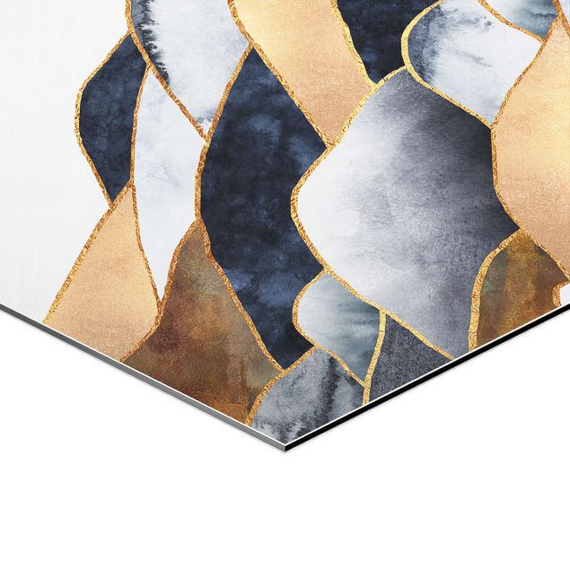 Obraz heksagonalny z Alu-Dibond 2-częściowy - Geometry i Góry Złote Akwarela