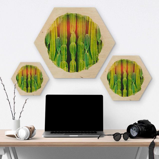 Obraz heksagonalny z drewna - Akwarele - Kaktus na ścianie