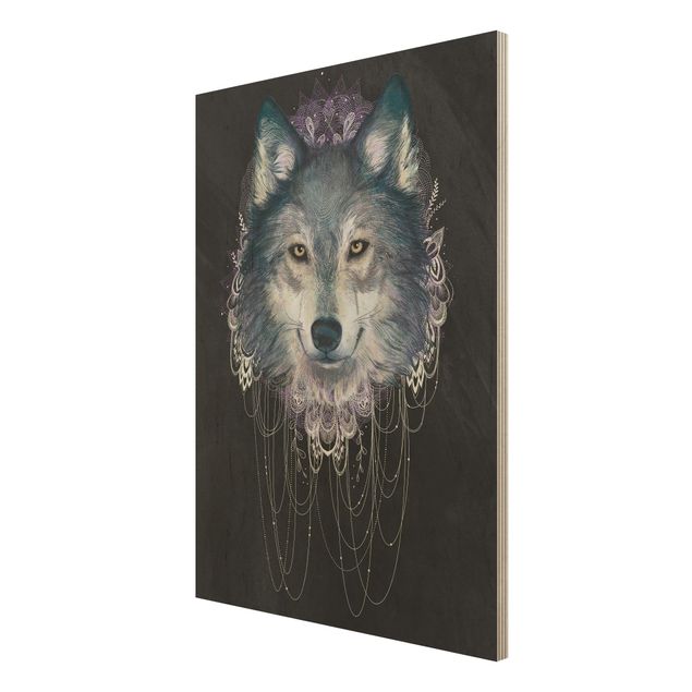 Laura Graves Art obrazy Ilustracja wilka z boho łowcą snów Czarna