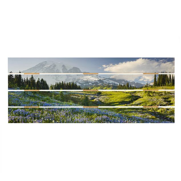 Obrazy z drewna Mountain Meadow With Blue Flowers in Front of Mt. Rainier