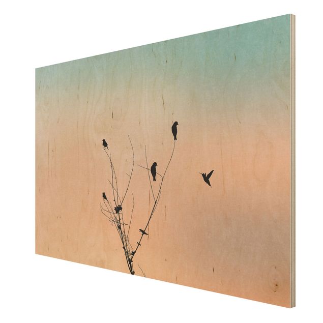 Obrazy z drewna Ptaki na tle różowego słońca II