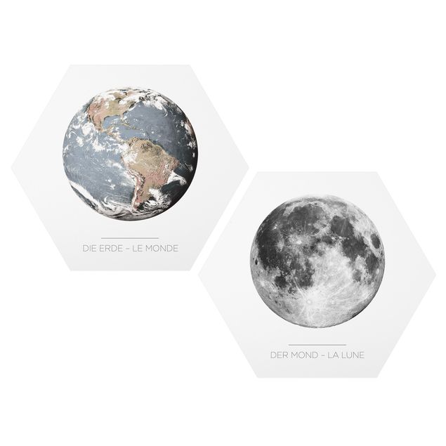Obraz heksagonalny z Alu-Dibond 2-częściowy - Księżyc i Ziemia