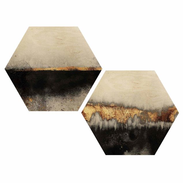 Obraz heksagonalny z drewna 2-częściowy - Abstrakcyjne złote horyzonty w akwareli