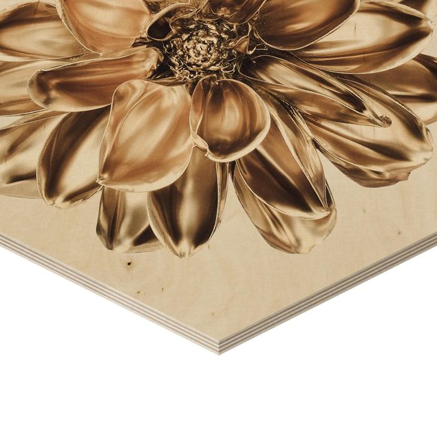 Obraz heksagonalny z drewna - Kwiat dalii Złoty metalik