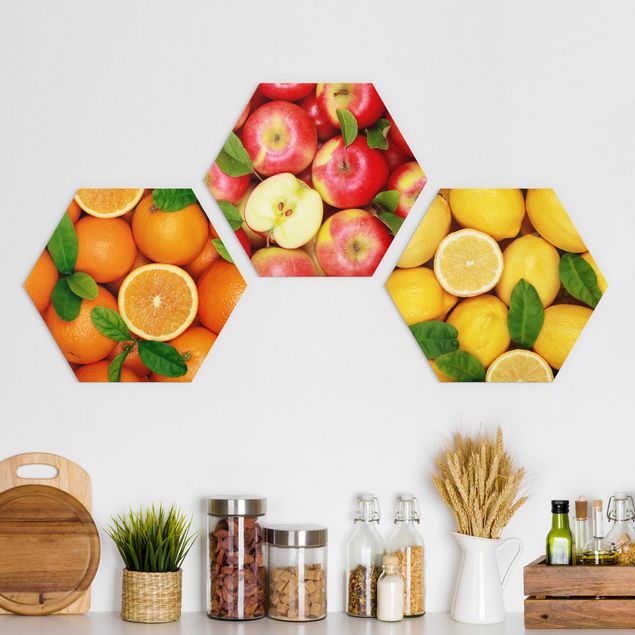 Obraz heksagonalny z Alu-Dibond 3-częściowy - Świeże owoce