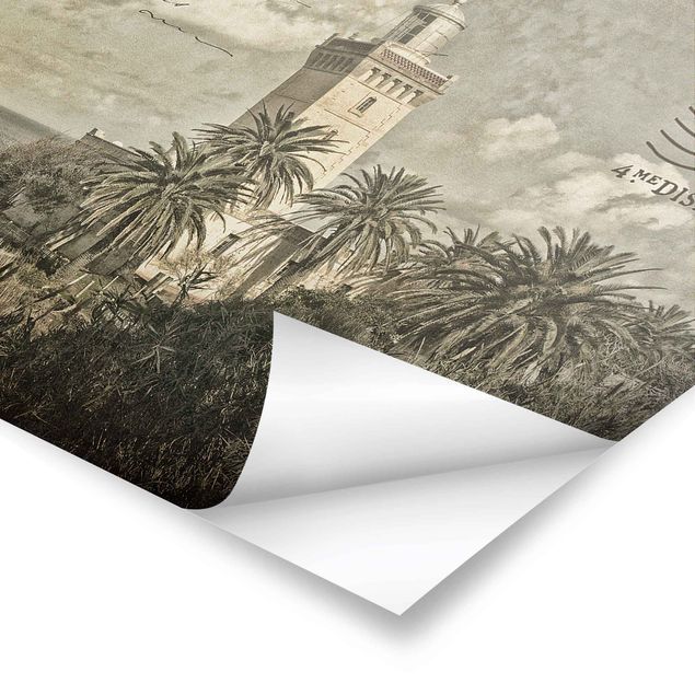 Retro obrazy Pocztówka w stylu vintage z latarnią morską i palmami