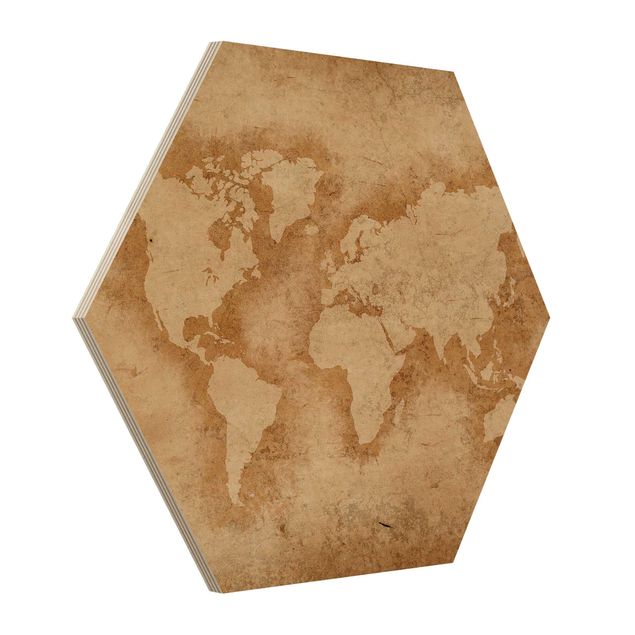 Obraz heksagonalny z drewna - Starożytna mapa świata