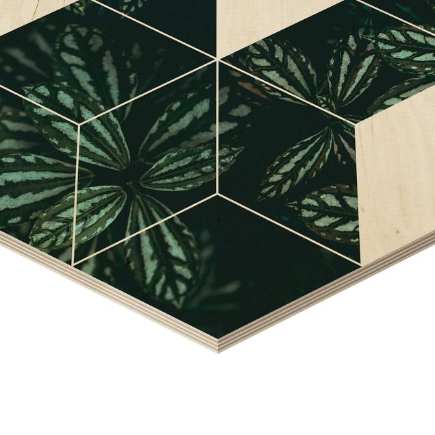 Obraz heksagonalny z drewna 4-częściowy - Geometria zielonych liści Zestaw I