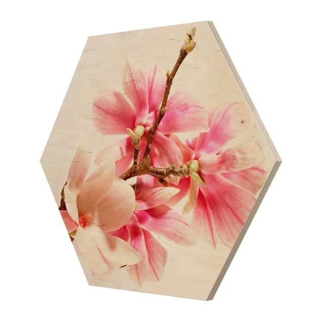 Obraz heksagonalny z drewna - Kwiaty magnolii