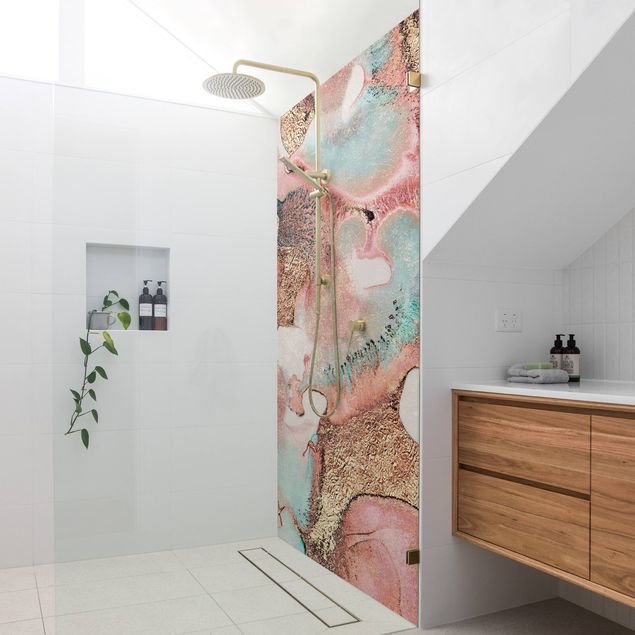 Panele ścienne do łazienki pod prysznic Golden Watercolour Rosé