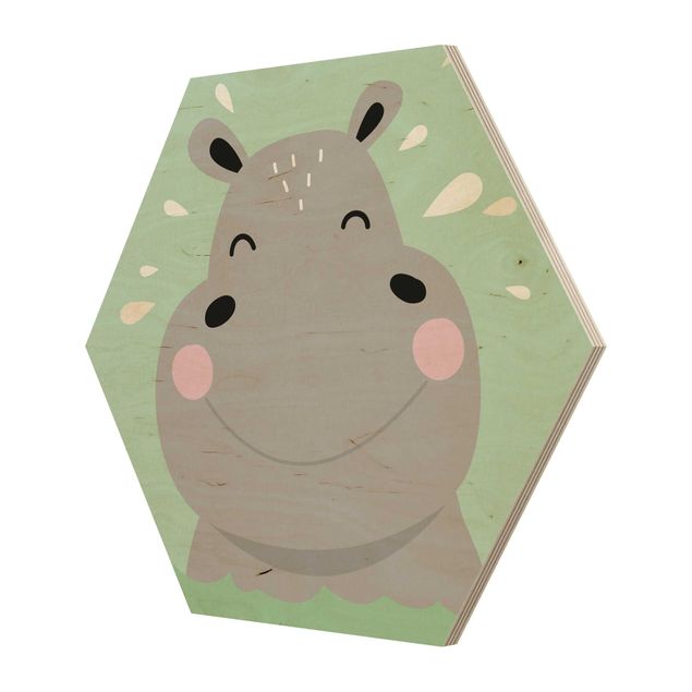 Obraz heksagonalny z drewna - Szczęśliwy hipopotam