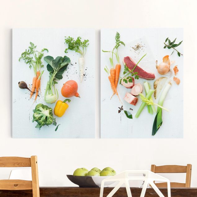Obraz z owoców i warzyw Warzywa i rosół wołowy