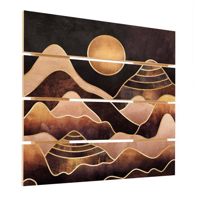 Obraz z drewna - Złote słońce abstrakcyjne góry