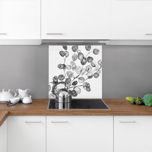 Panele szklane do kuchni czarno-biały Akwarela gałązka eukaliptusa
