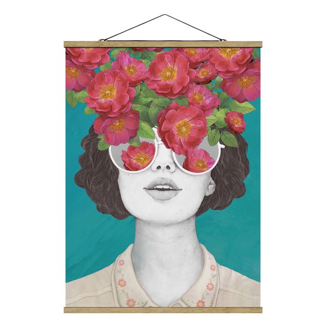 Obrazy portret Ilustracja portret kobiety Kolaż z kwiatami Okulary