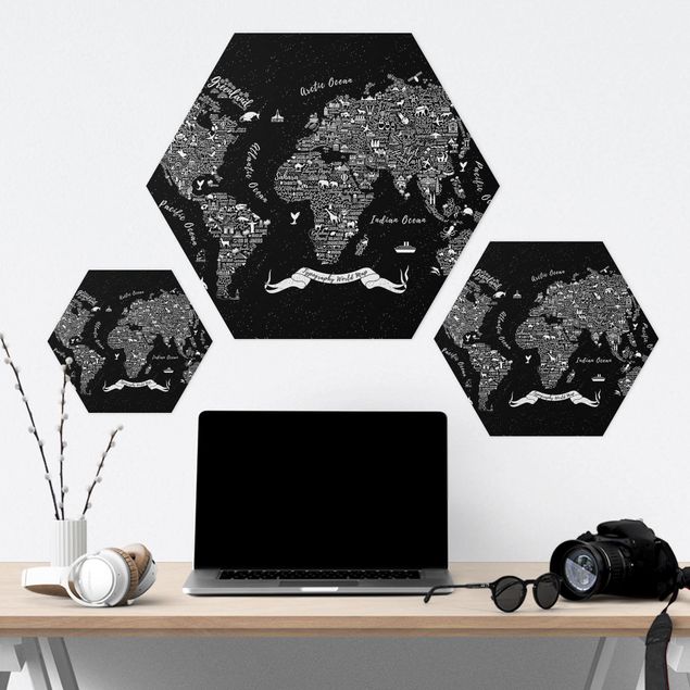 Obraz heksagonalny z Forex - Typografia mapa świata czarna