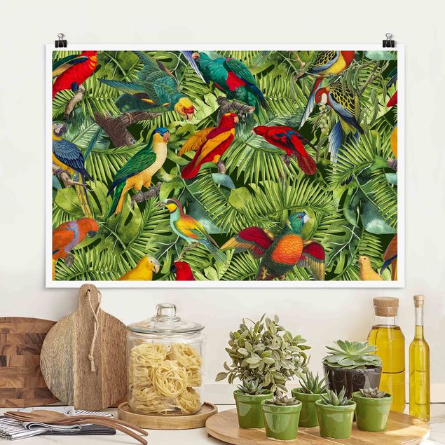 Dekoracja do kuchni Kolorowy kolaż - Papugi w dżungli
