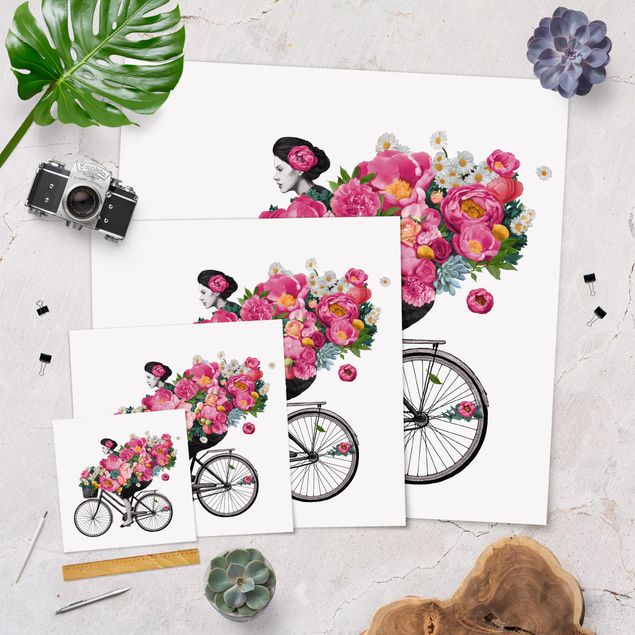 Obrazy na ścianę Ilustracja Kobieta na rowerze Kolaż kolorowych kwiatów