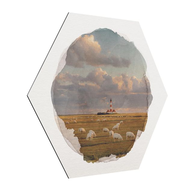 Obrazy morze Akwarele - Latarnia morska na Morzu Północnym ze stadem owiec