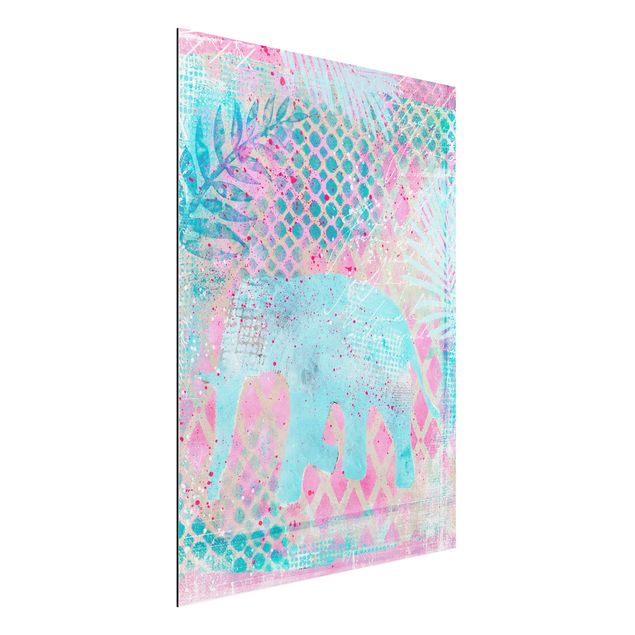 Obrazy słoń Kolorowy kolaż - słoń w kolorze niebieskim i różowym