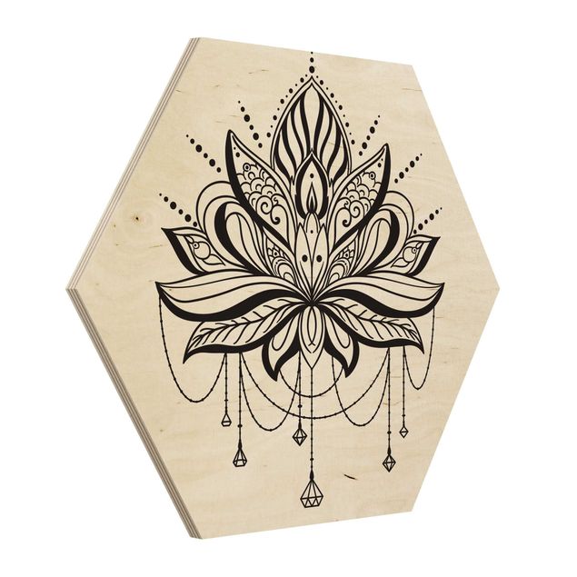 Obraz heksagonalny z drewna - Lotus z łańcuchami