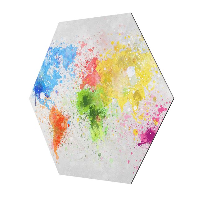 Obraz heksagonalny z Alu-Dibond - Mapa świata z kolorowym rozbryzgiem