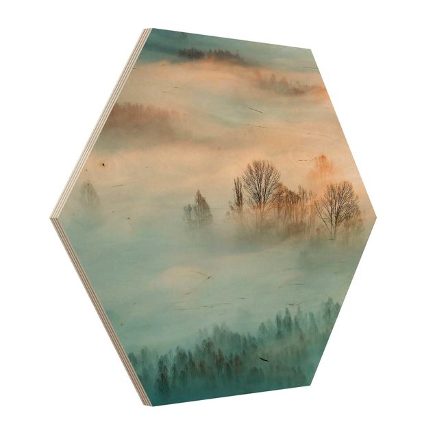 Obraz heksagonalny z drewna - Mgła o wschodzie słońca