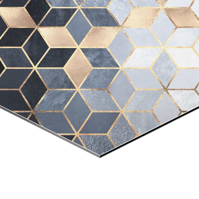 Obraz heksagonalny z Alu-Dibond 3-częściowy - Zestaw sześciokątów w kolorze niebiesko-biało-złotym