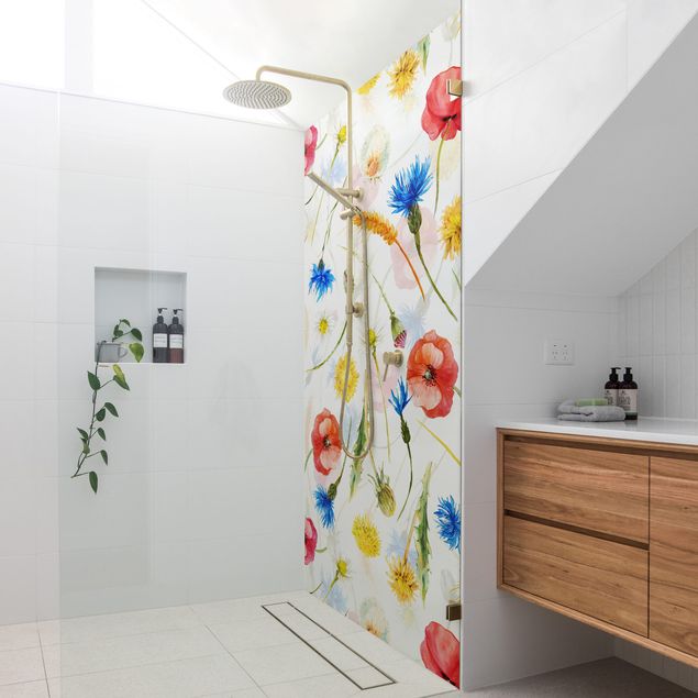 Tylna ścianka prysznicowa - Watercolour Wild Flowers With Poppies