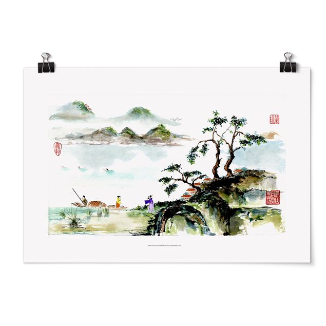 Obrazy na ścianę krajobrazy Japońska akwarela do rysowania jeziora i gór