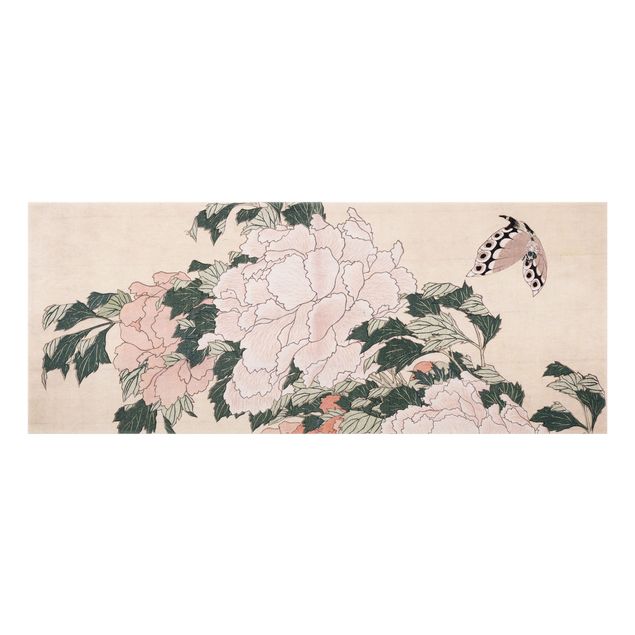Reprodukcje obrazów Katsushika Hokusai - Różowe piwonie z motylem