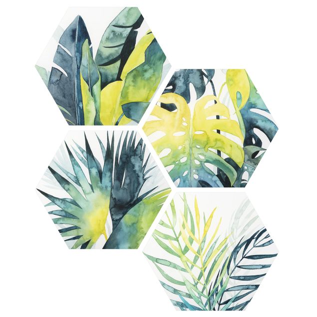 Obraz heksagonalny z Alu-Dibond 4-częściowy - Zestaw tropikalnych liści I