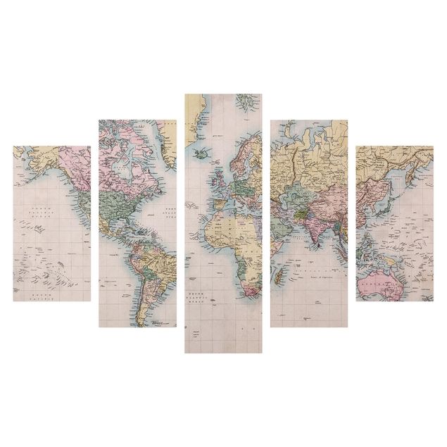 Obraz na płótnie 5-częściowy - Dawna mapa świata, ok. 1850 r.
