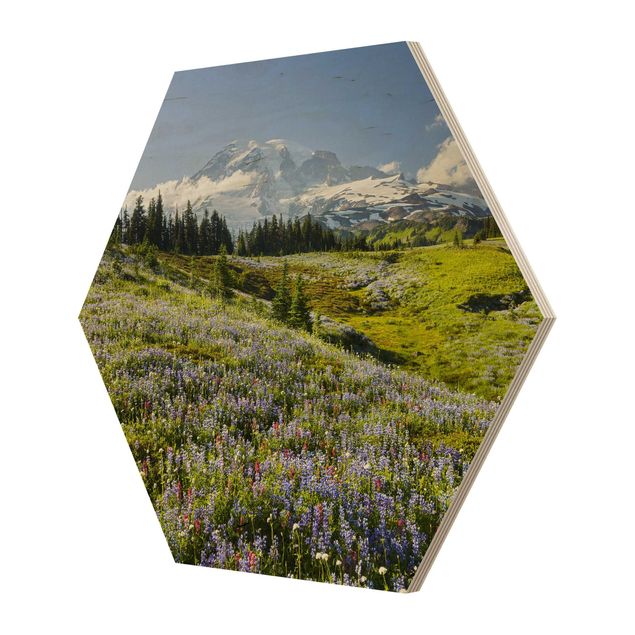 Obraz heksagonalny z drewna - Mountain Meadow With Red Flowers in Front of Mt. Rainier