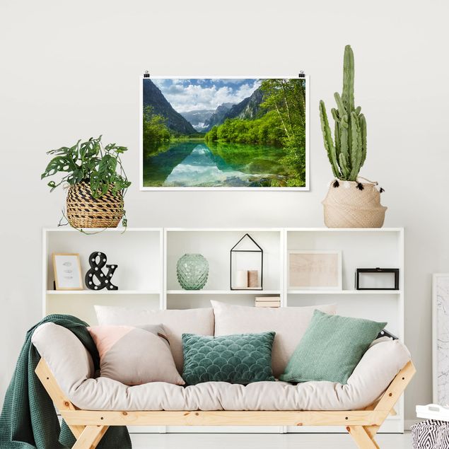 Obrazy do salonu nowoczesne Jezioro górskie z odbiciem