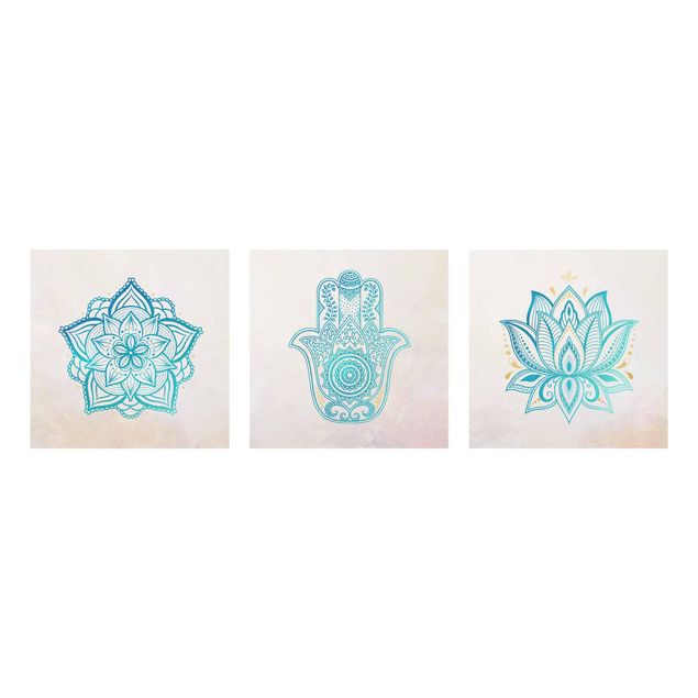 Obrazy na szkle wieloczęściowy Mandala Hamsa Hand Lotus Set złoty niebieski
