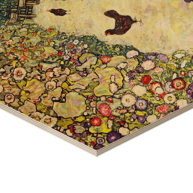 Obraz heksagonalny z drewna - Gustav Klimt - Ścieżka ogrodowa z kurczakami