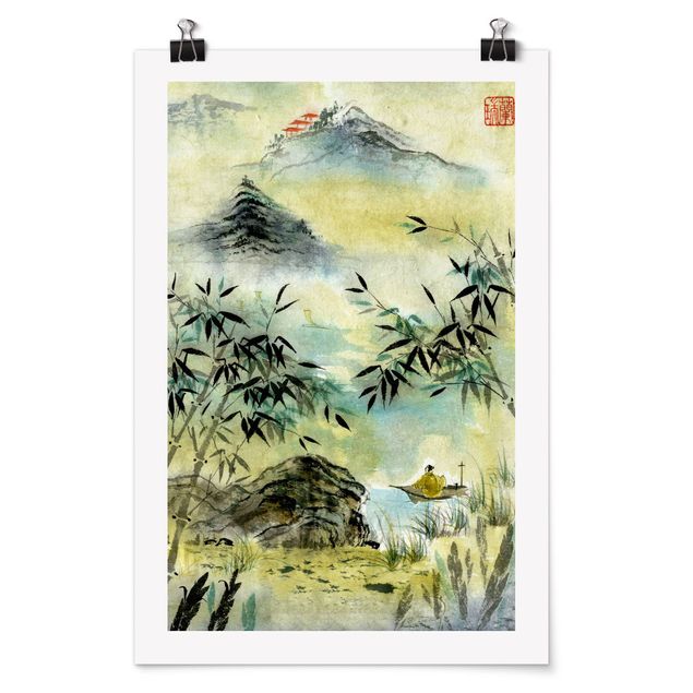 Góry obraz Japoński rysunek akwarelą Las bambusowy