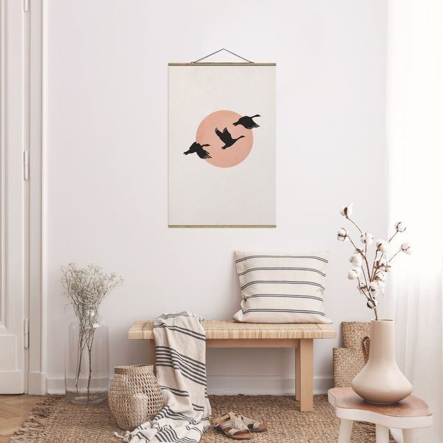 Obrazy do salonu nowoczesne Ptaki na tle różowego słońca III