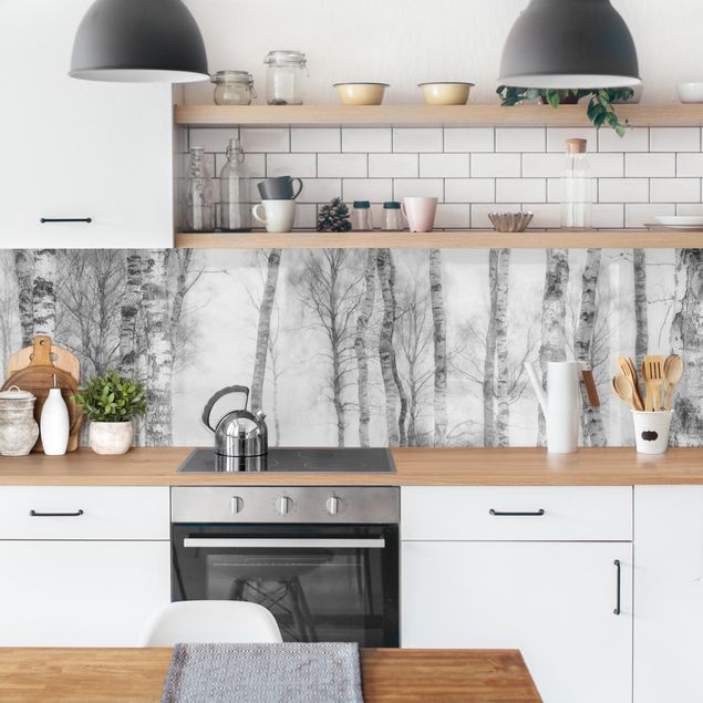 Panel szklany do kuchni Mistyczny las brzozowy czarno-biały