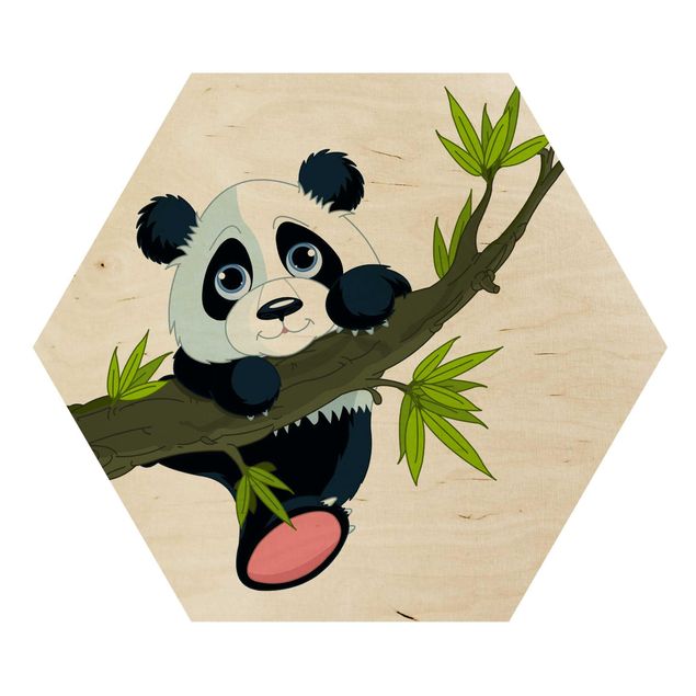 Obraz heksagonalny z drewna - Panda wspinająca się