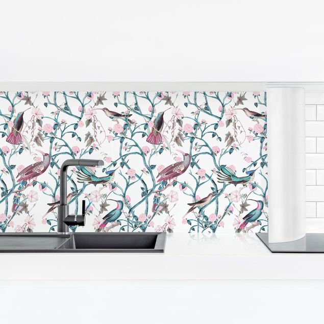 Panel ścienny do kuchni - Różowe gałązki kwiatowe z ptakami w kolorze niebieskim