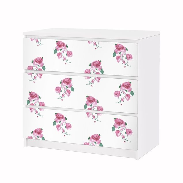 Okleina meblowa IKEA - Malm komoda, 3 szuflady - Angielskie róże herbaciane
