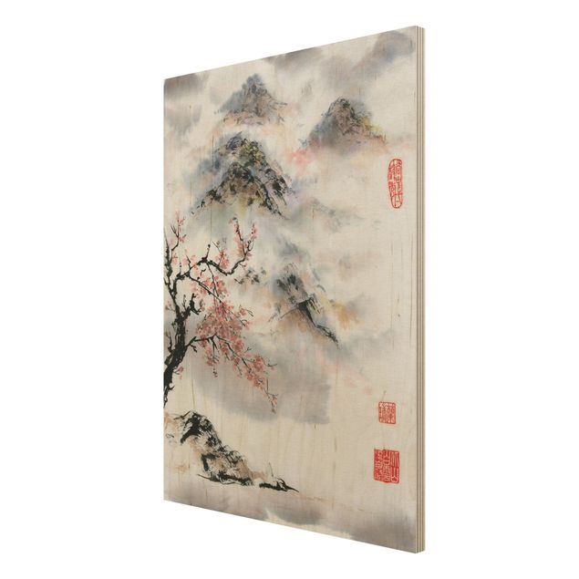 Obrazy z drewna Japońska akwarela Drzewo wiśniowe i góry